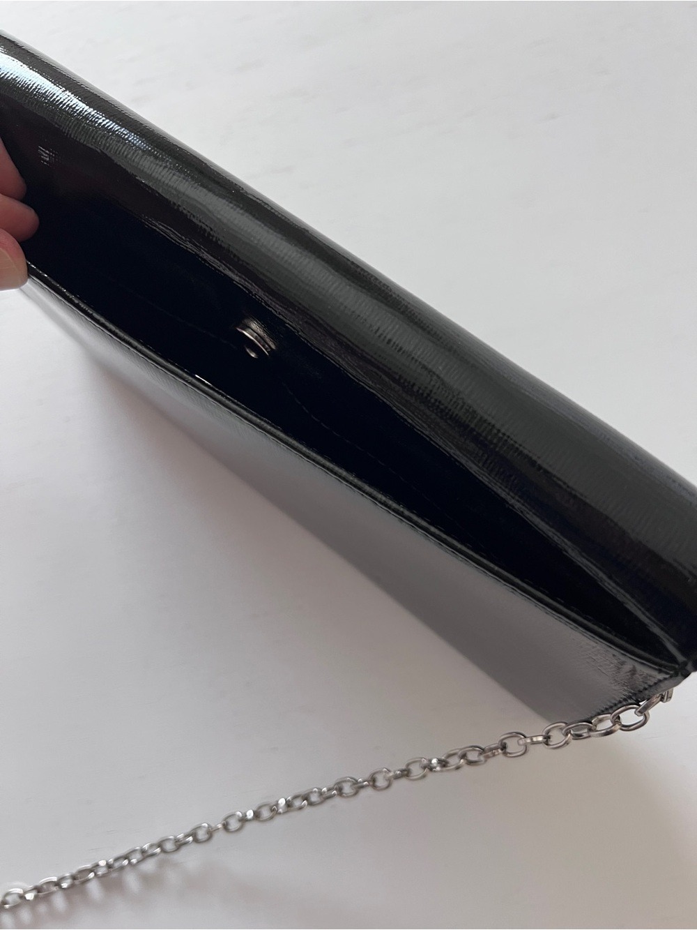 Nordstrom Black Leather Flap Clutch Evening Crossbody Bag Silver Chain - Picture 4 of 8